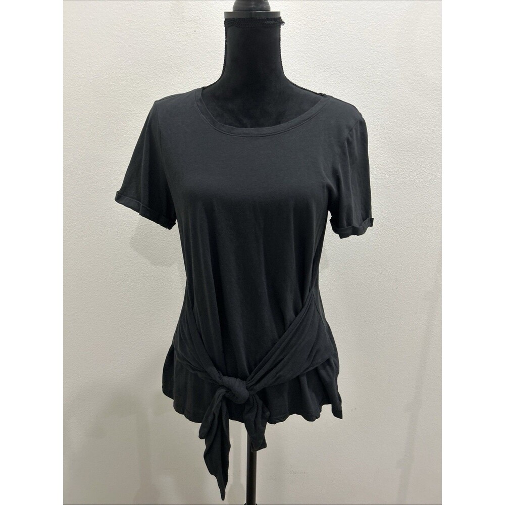 Anthropologie Womens Sz Large Black Tie Front T Shirt Short Sleeve 100% Cotton
